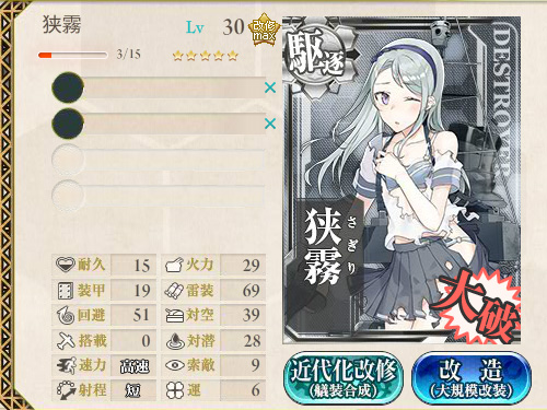 綾波型駆逐艦 6番艦 狭霧 Lv30にて改造可能