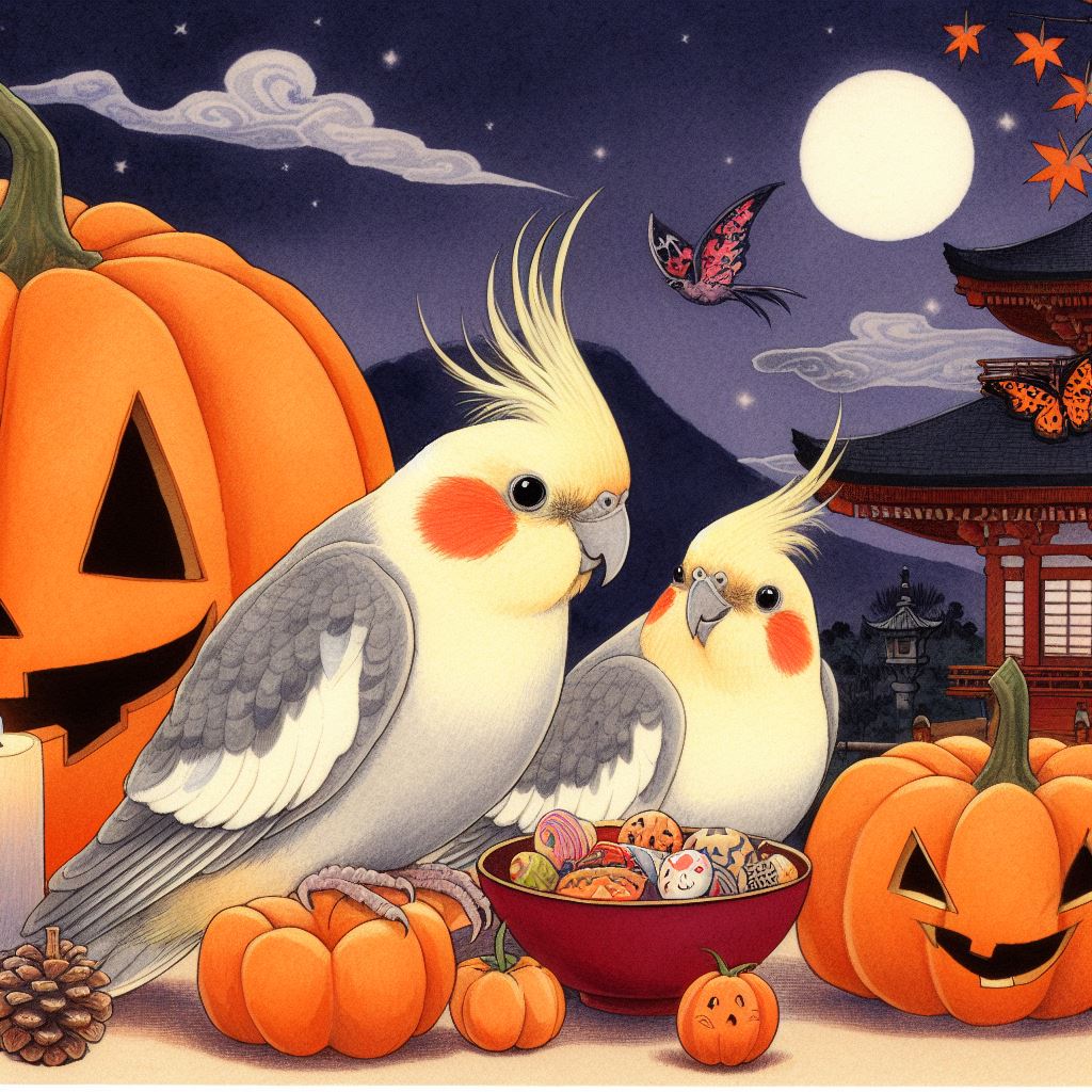 「ハロウィーンを楽しむ cockatielの浮世絵風な絵」 by Bing Image Creator